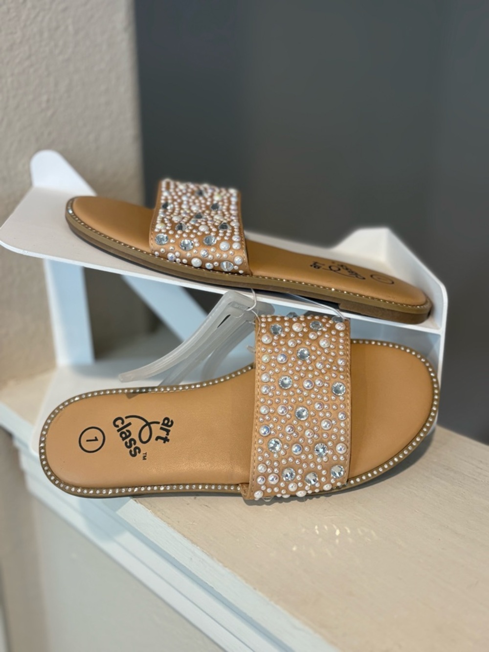 Kids' Heather Embellished Slide Sandals - Art Class Tan Youth Size 1Y NEW